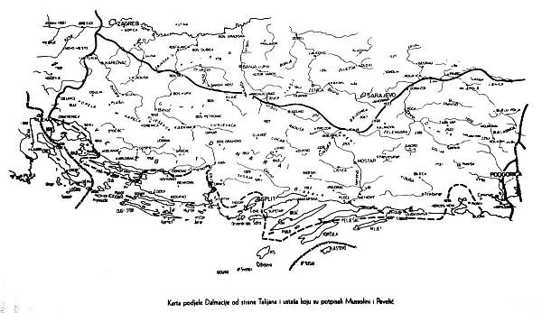 Teritorij između mora i prve crte označava područje koje je Rimskim ugovorima pripalo Italiji i iz koje se vidi da NDH nema svog otvorenog dijela Jadranskog mora. Tako je Jadran postao za Talijane »Mare nostrum«. Druga puna crta označava granice utjecaja između Italije i Njemačke na teritoriju bivše Jugoslavije