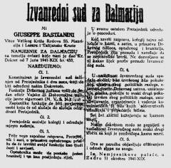 Preslik dekreta talijanskog guvernera Bastianinija od 11. listopada o formiranju Izvanrednog suda za Dalmaciju