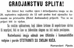 Oglas o obvezatnom prijavljivanju Židova objavljen 27. rujna, prvog dana ulaska Nijemaca u Split